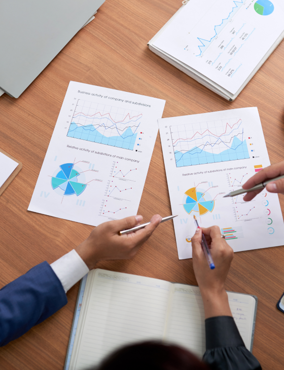 Web development analyst reviewing business charts and data reports