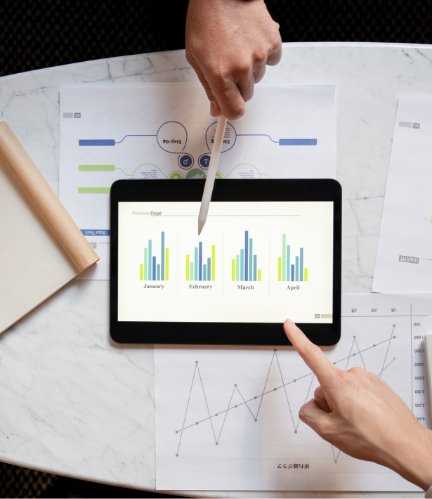 Analyzing digital marketing ROI dashboard on tablet
